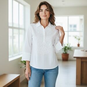 H&M L.O.G.G.White Embroidered Blouse Top Button Down Cotton Shirt Women's Size 4